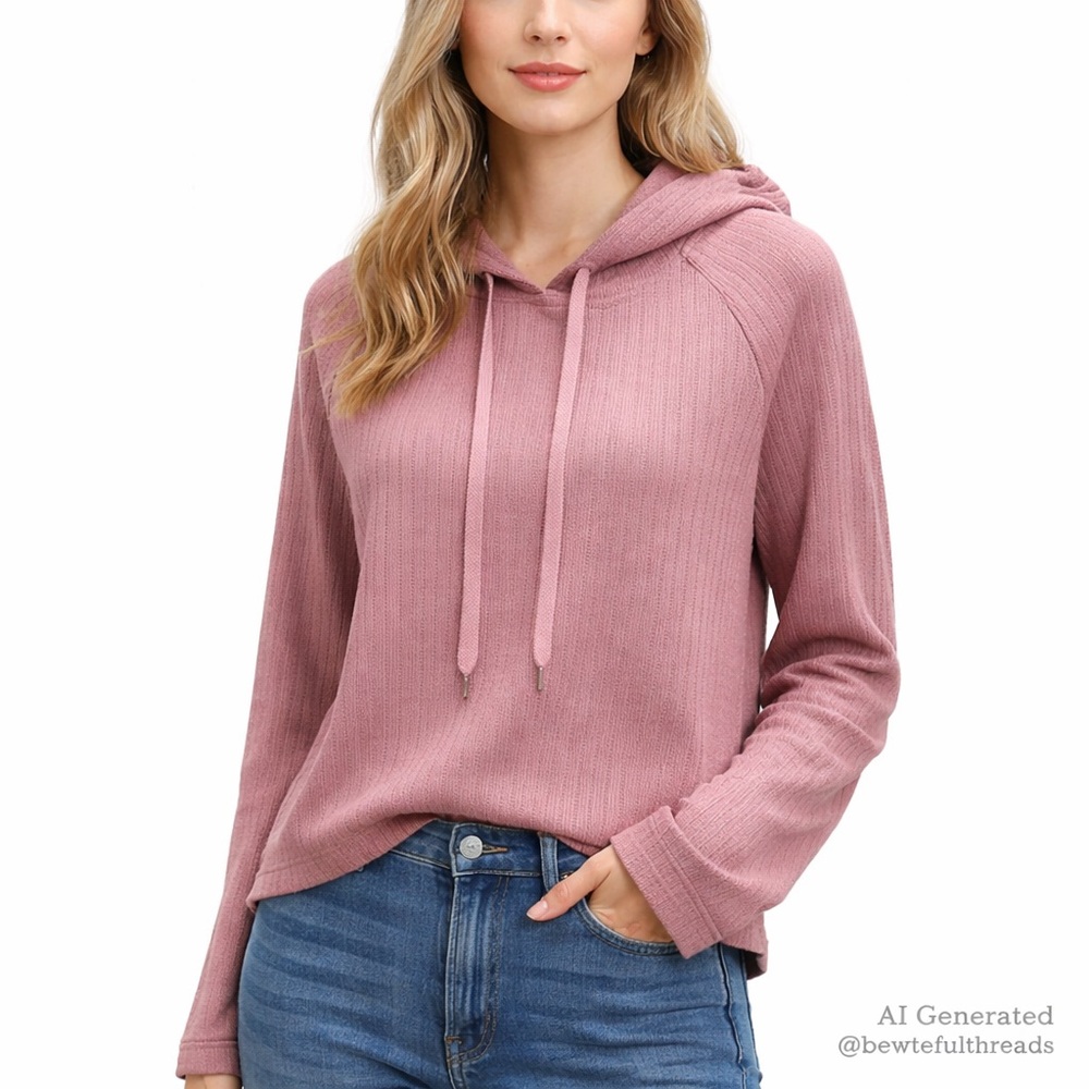 Shambhala Dusty Rose Ribbed Hoodie Sweater Top M Cozy Athleisure
